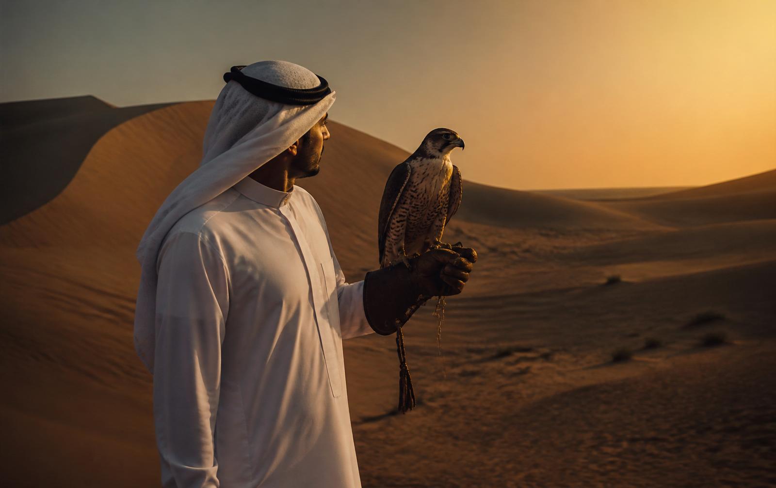 Falconer holding a peregrine falcon in the Qatari desert at sunset